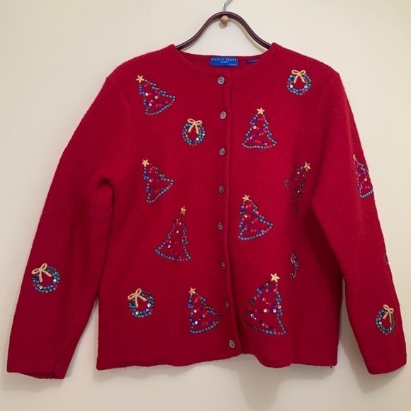 Karen Scott Sport Red Christmas Wool Thick Knit Embroidered Sequin Cardigan M/L - Picture 1 of 16